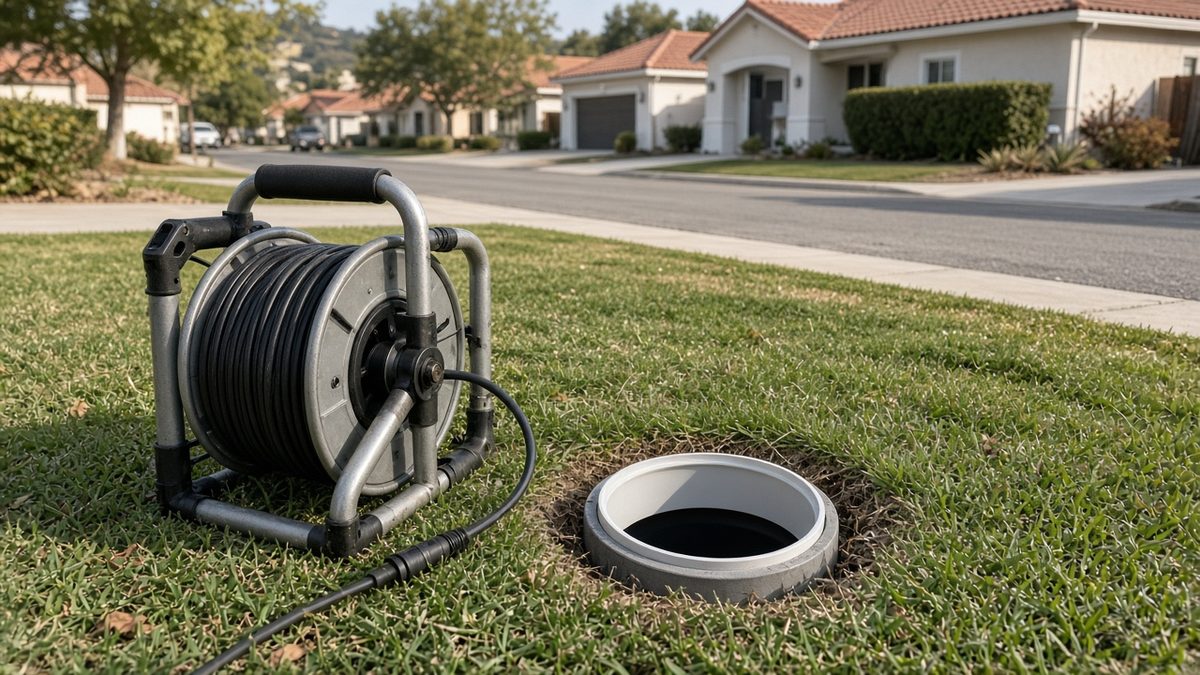 Sewer camera inspection at a cleanout on an Aliso Viejo lawn